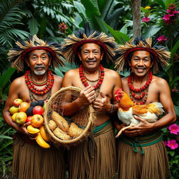 Three indigenous men, each showcasing their traditional attire and culture