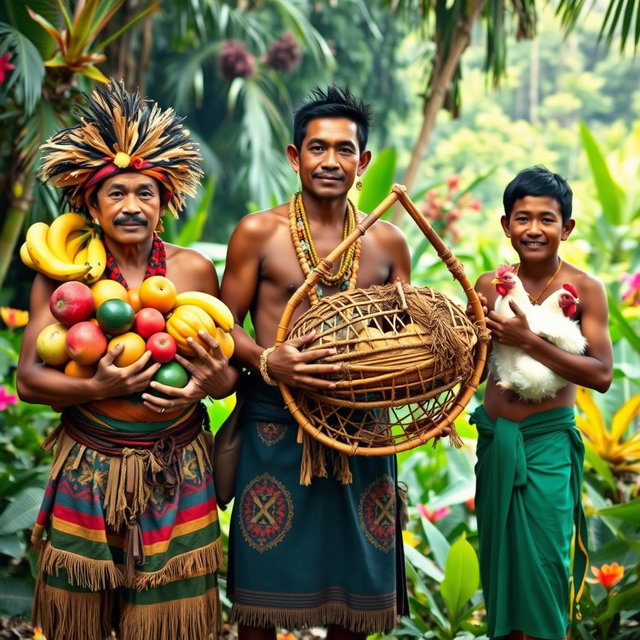 Three indigenous men, each showcasing their traditional attire and culture