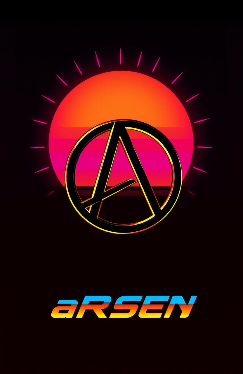 A vibrant cyberpunk interpretation of the anarchy symbol prominently displayed on a black background