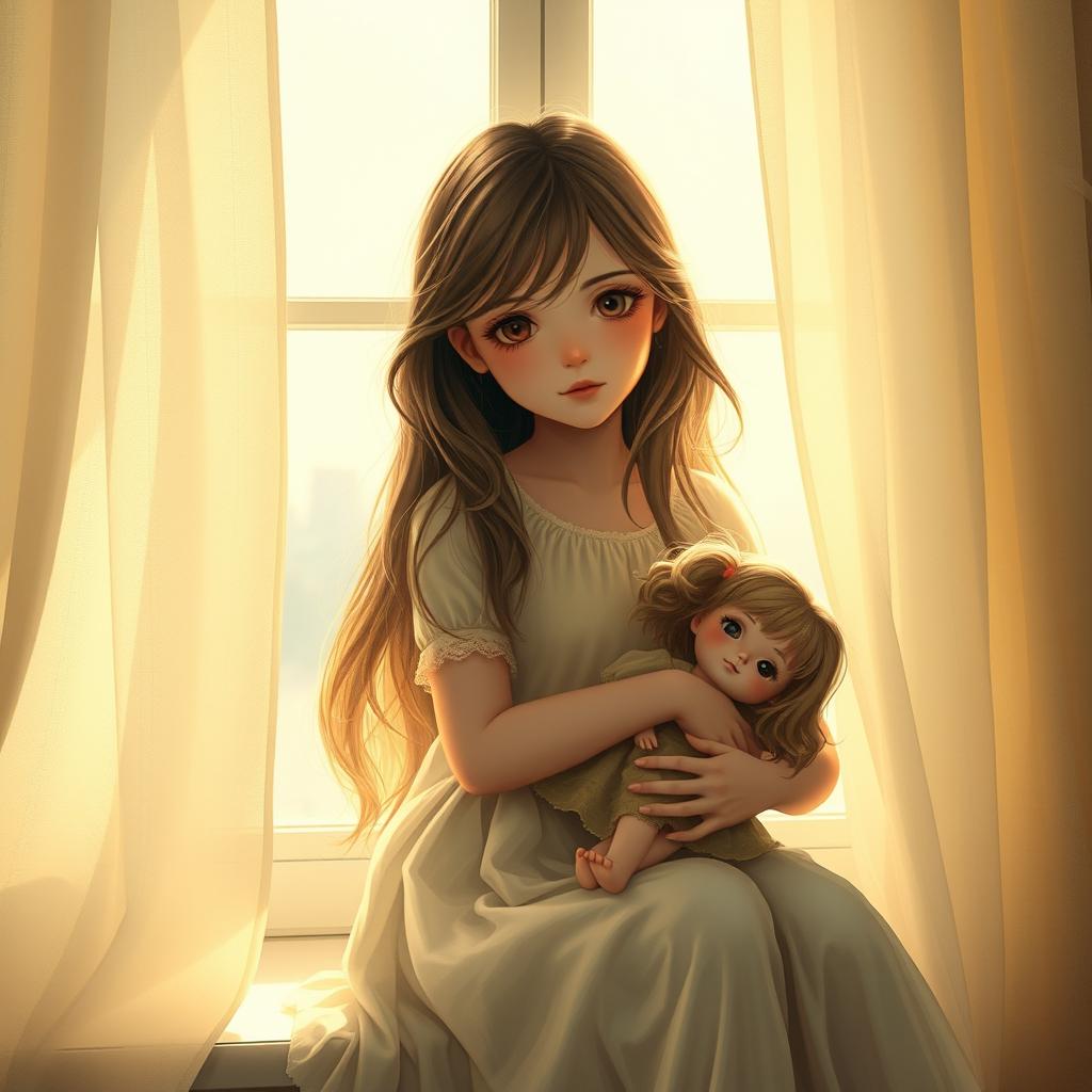 A beautiful girl sitting by a large, softly lit window, sunlight pouring in to create a warm atmosphere