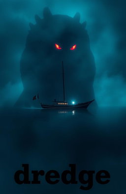 A small ship sailing at night in the open ocean, surrounded by thick fog