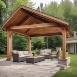 A 12x12 patio with structural columns and a 3 feet extended roof, revealing an exposed beam, on the front face of a house.