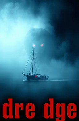 A small ship sailing at night in the open ocean, surrounded by thick fog