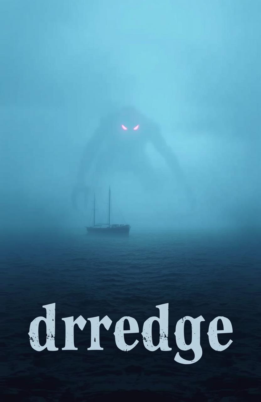 A small ship sailing at night in the open ocean enveloped in thick fog