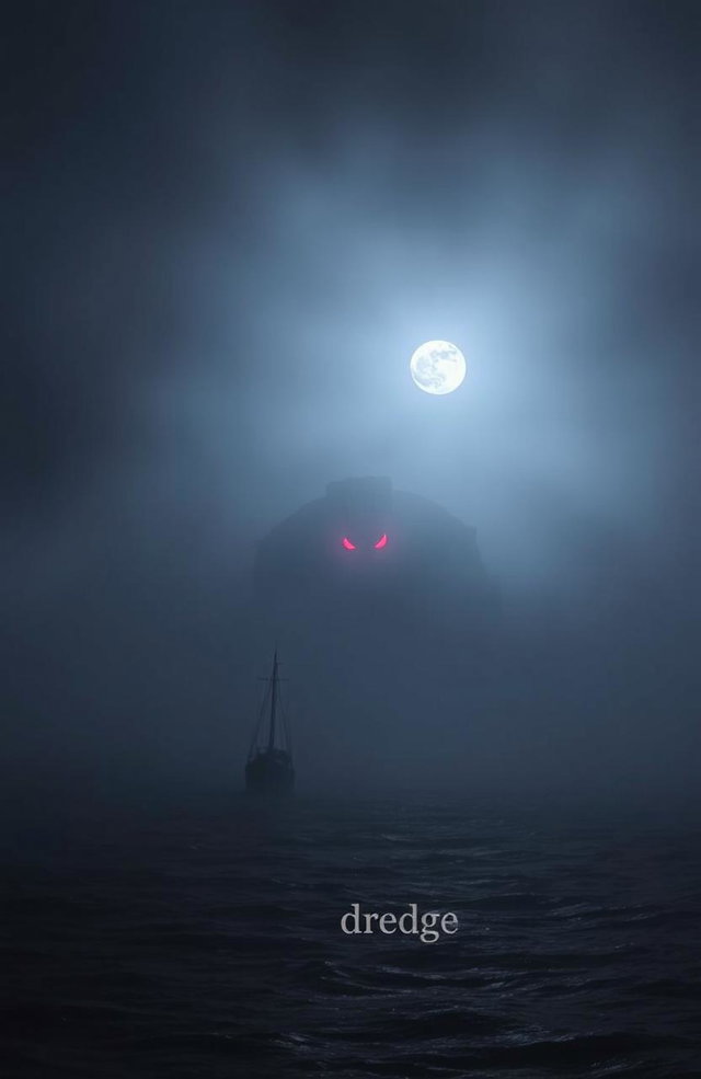A small ship sailing at night in the open ocean, surrounded by thick fog