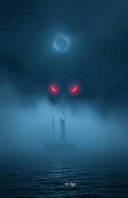 A small ship sailing at night in the open ocean, surrounded by thick fog