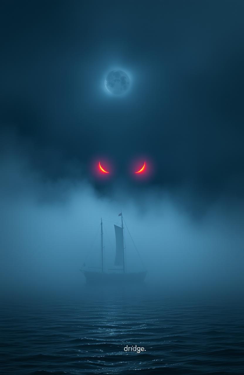 A small ship sailing at night in the open ocean, surrounded by thick fog