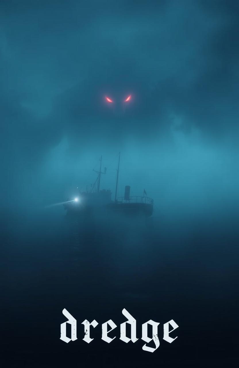 A small ship floating at night on the open ocean, surrounded by thick fog