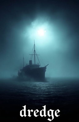 A small ship floating at night on the open ocean, surrounded by thick fog