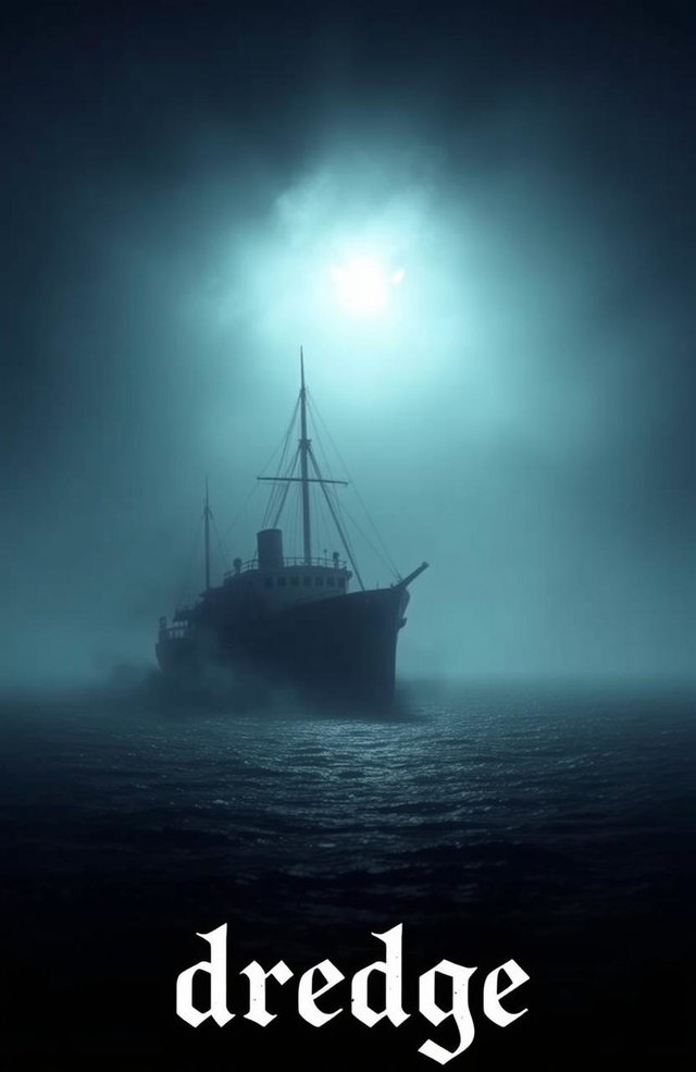 A small ship floating at night on the open ocean, surrounded by thick fog