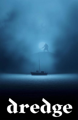 A small ship floating at night on the open ocean, surrounded by thick fog