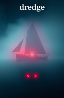 A small ship sailing at night in the open ocean surrounded by thick fog