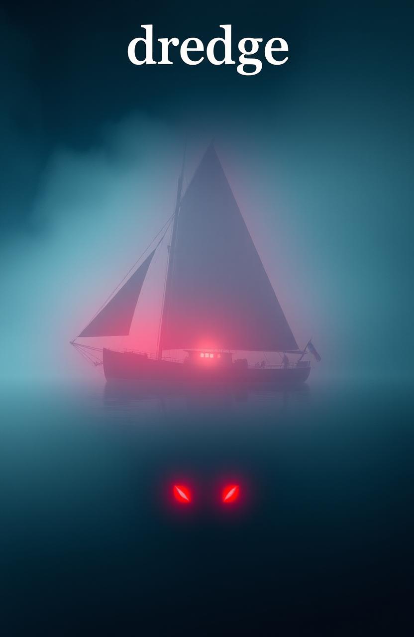 A small ship sailing at night in the open ocean surrounded by thick fog