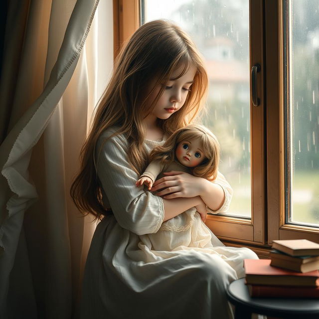 A beautiful girl sitting by a window in soft, natural light, hugging a vintage doll tightly