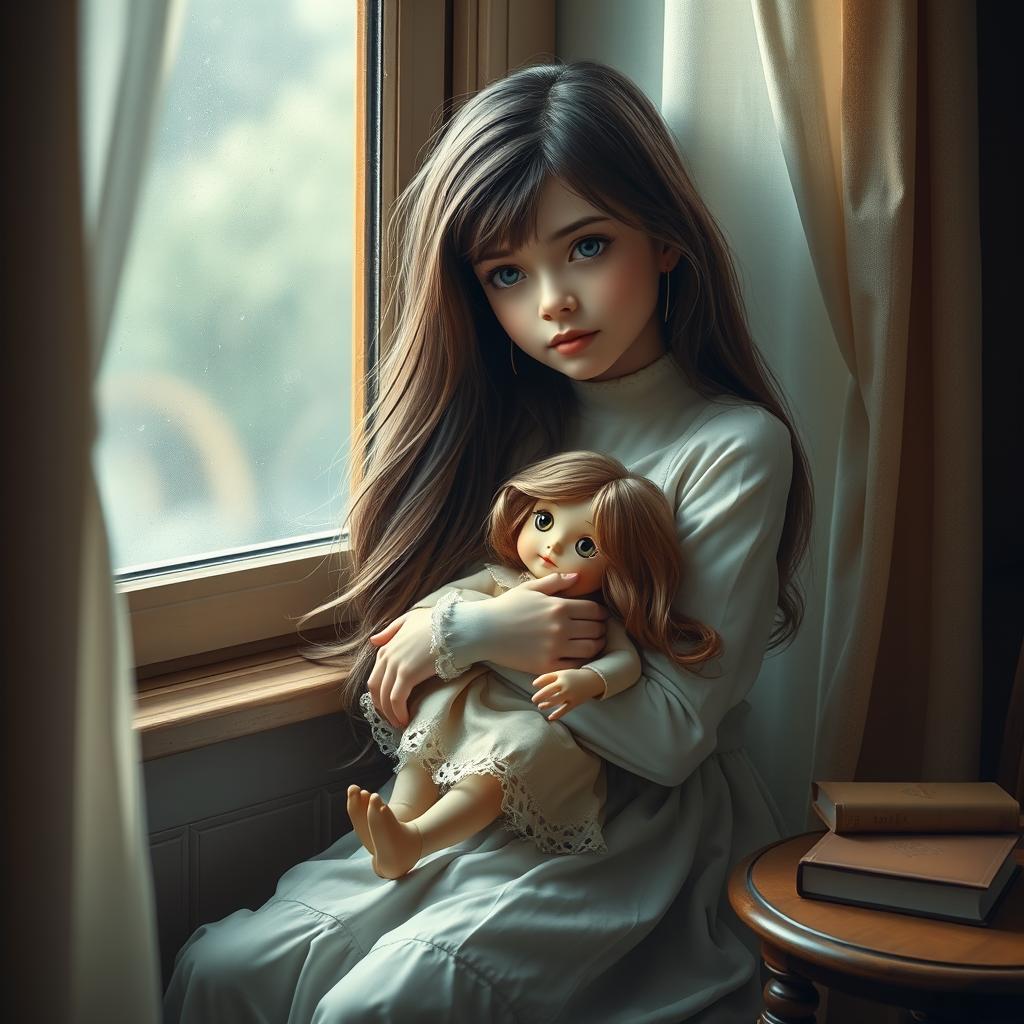A beautiful girl sitting by a window in soft, natural light, hugging a vintage doll tightly
