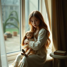 A beautiful girl sitting by a window in soft, natural light, hugging a vintage doll tightly