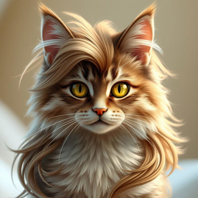 An anthropomorphic cat resembling a human female, showing from the shoulders up