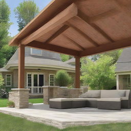 A 12x12 patio with structural columns and a 3 feet extended roof, revealing an exposed beam, on the front face of a house.