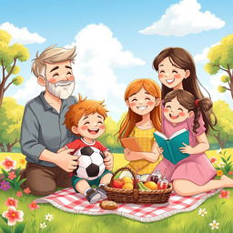 A heartwarming illustration of a family enjoying a sunny day in a park