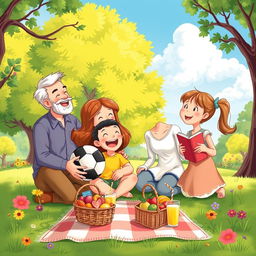A heartwarming illustration of a family enjoying a sunny day in a park