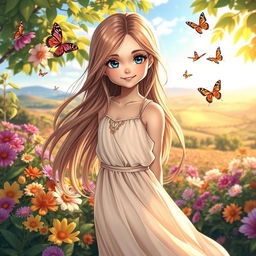 A stunningly beautiful girl with long flowing hair and sparkling blue eyes, dressed in an elegant, flowing dress that accentuates her grace