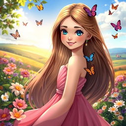 A stunningly beautiful girl with long flowing hair and sparkling blue eyes, dressed in an elegant, flowing dress that accentuates her grace