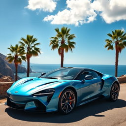 A sleek, modern sports car parked on a coastal road, with stunning ocean views in the background