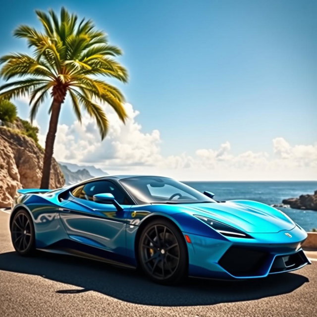 A sleek, modern sports car parked on a coastal road, with stunning ocean views in the background