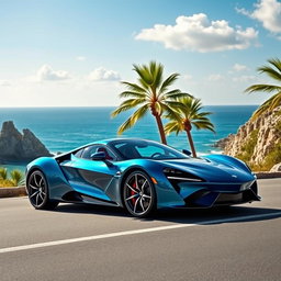 A sleek, modern sports car parked on a coastal road, with stunning ocean views in the background