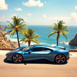 A sleek, modern sports car parked on a coastal road, with stunning ocean views in the background