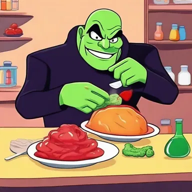 In the cartoon, the villain tries to commit adulteration by mixing harmful substances into the food.