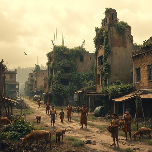 A dystopian world without science and technology, depicting a barren landscape with overgrown nature reclaiming urban areas