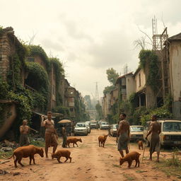 A dystopian world without science and technology, depicting a barren landscape with overgrown nature reclaiming urban areas