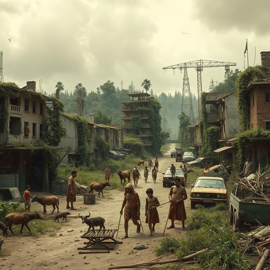 A dystopian world without science and technology, depicting a barren landscape with overgrown nature reclaiming urban areas