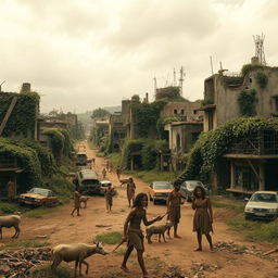 A dystopian world without science and technology, depicting a barren landscape with overgrown nature reclaiming urban areas