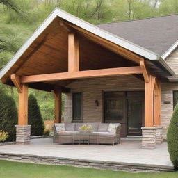 A 12x12 patio with structural columns and a 3 feet extended roof, revealing an exposed beam, on the front face of a house.