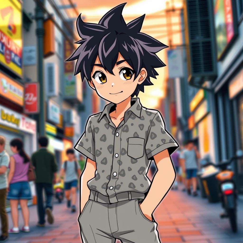 A teenage boy with black and gray anime-inspired hair, styled in a spiky manner