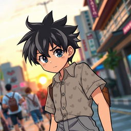 A teenage boy with black and gray anime-inspired hair, styled in a spiky manner