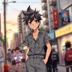 A teenage boy with black and gray anime-inspired hair, styled in a spiky manner