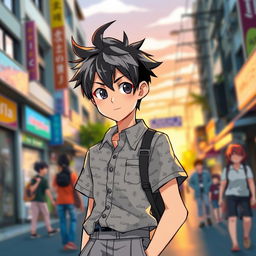 A teenage boy with black and gray anime-inspired hair, styled in a spiky manner