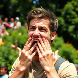 A 30-year-old man with an ecstatic expression, passionately shouting in joy with his hands covering his mouth in a loud, celebratory manner