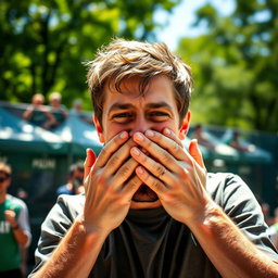 A 30-year-old man with an ecstatic expression, passionately shouting in joy with his hands covering his mouth in a loud, celebratory manner