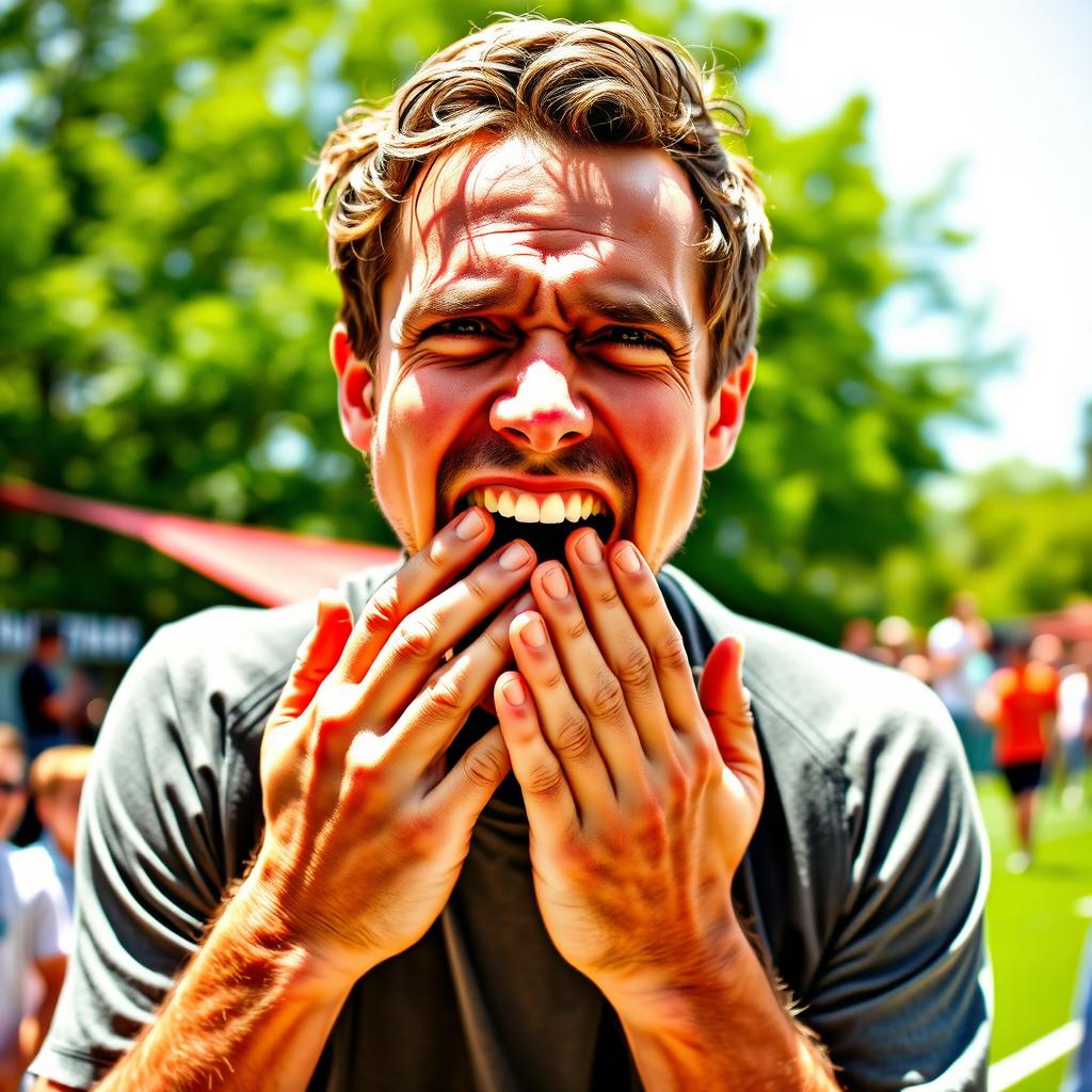 A 30-year-old man with an ecstatic expression, passionately shouting in joy with his hands covering his mouth in a loud, celebratory manner