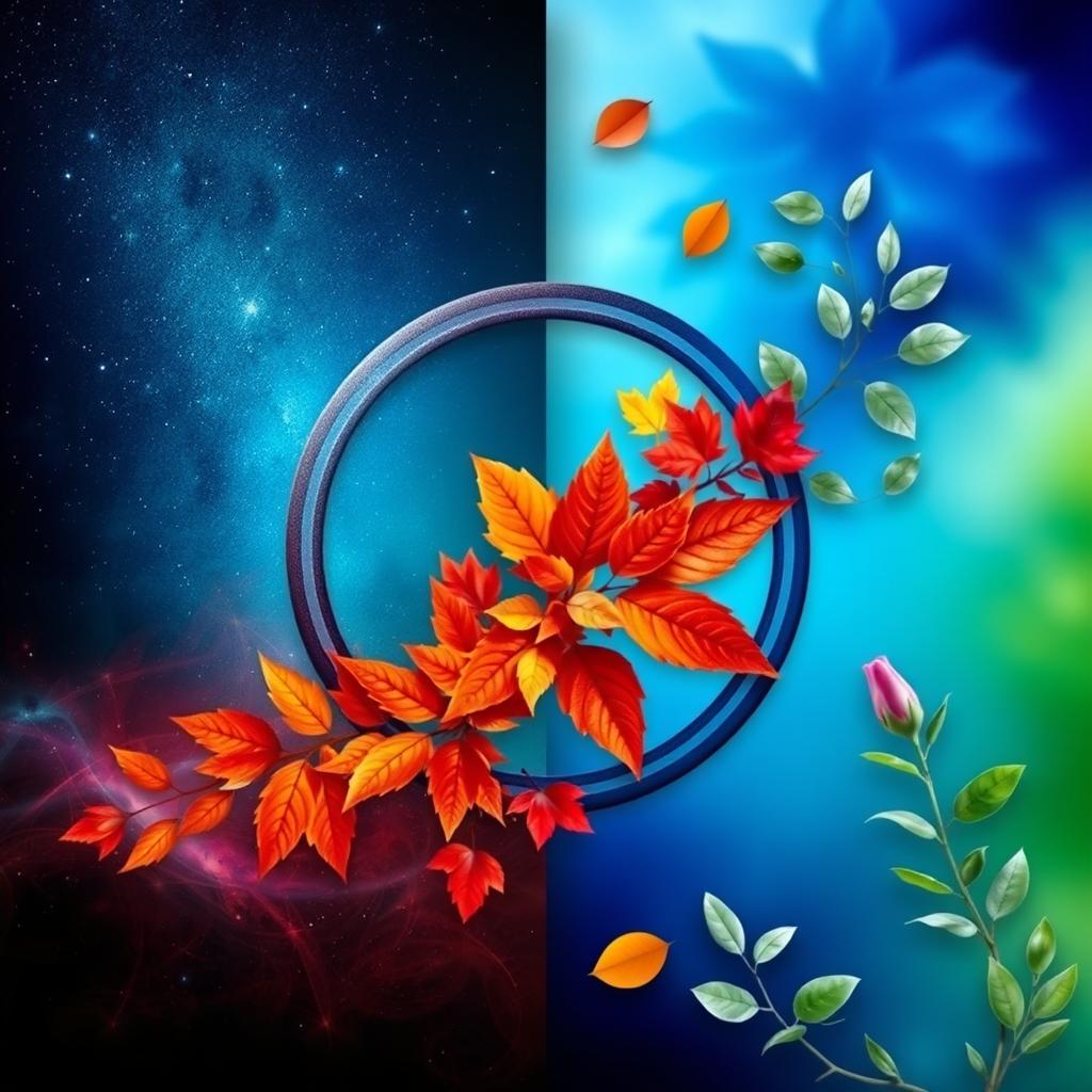 A visually striking and unique composition depicting the cycle of nature and the different stages of life