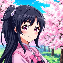 A stunning anime character featuring beautiful black hair styled in an elegant manner, with radiant skin color that enhances her natural beauty