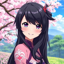 A stunning anime character featuring beautiful black hair styled in an elegant manner, with radiant skin color that enhances her natural beauty