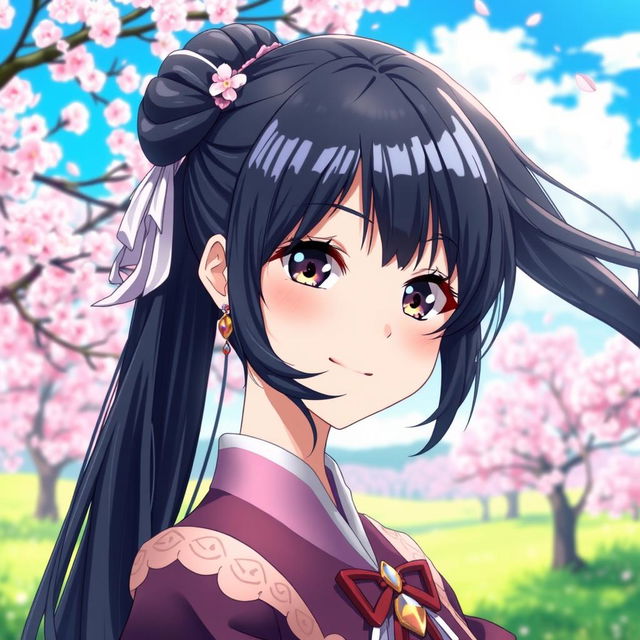 A stunning anime character featuring beautiful black hair styled in an elegant manner, with radiant skin color that enhances her natural beauty