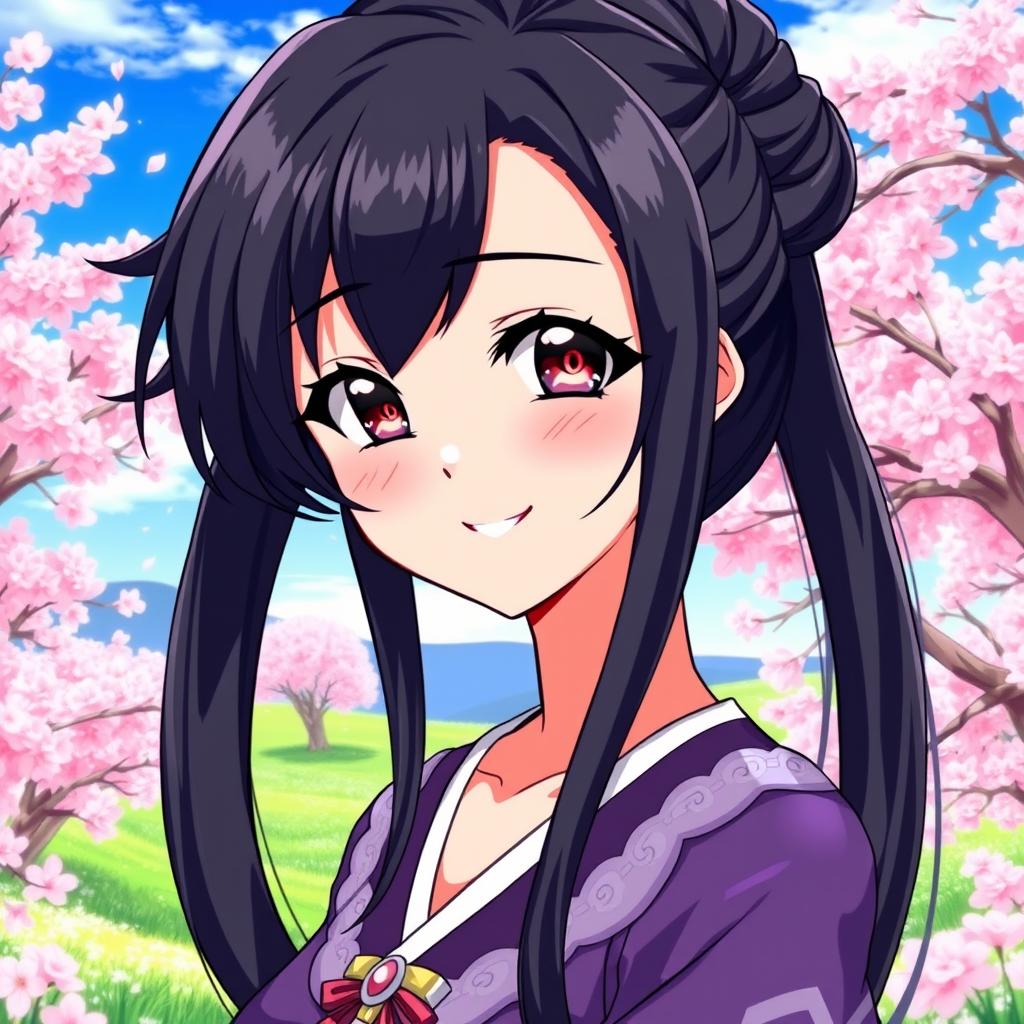 A stunning anime character featuring beautiful black hair styled in an elegant manner, with radiant skin color that enhances her natural beauty