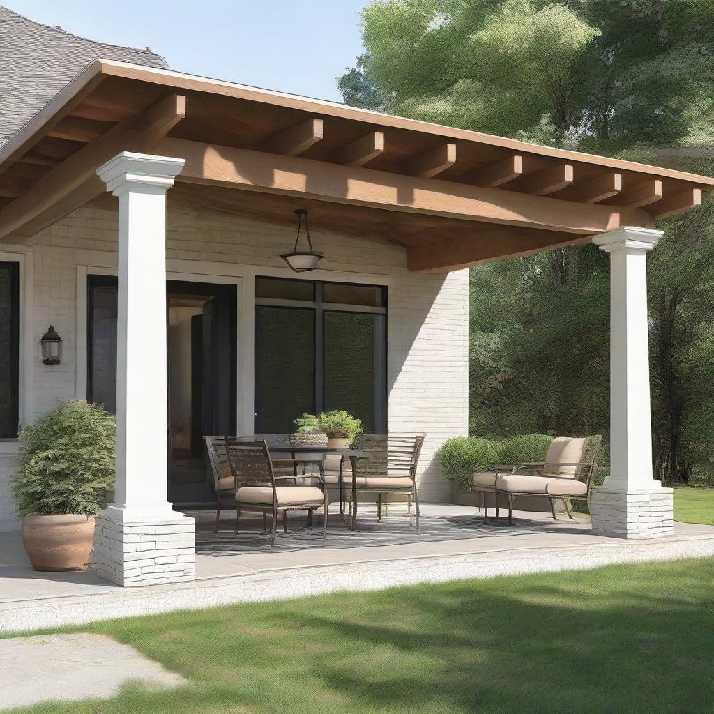 A 12x12 patio with structural columns and a 3 feet extended roof, revealing an exposed beam, on the front face of a house.