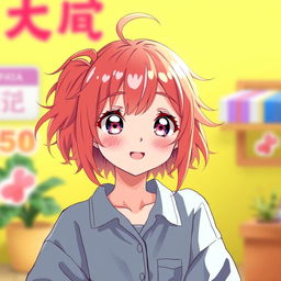 A vibrant and cheerful moe anime girl with a unique weed hairline on the side of her head, reminiscent of Mahiro from 'Onimai' and Konata from 'Lucky Star'
